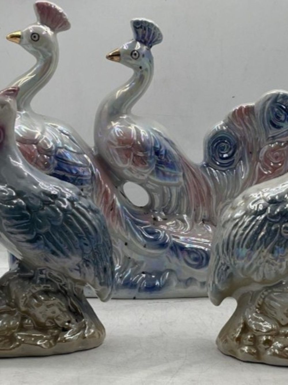 Vintage Lusterware Iridescent Ceramic Peacock Figurines Set of 3